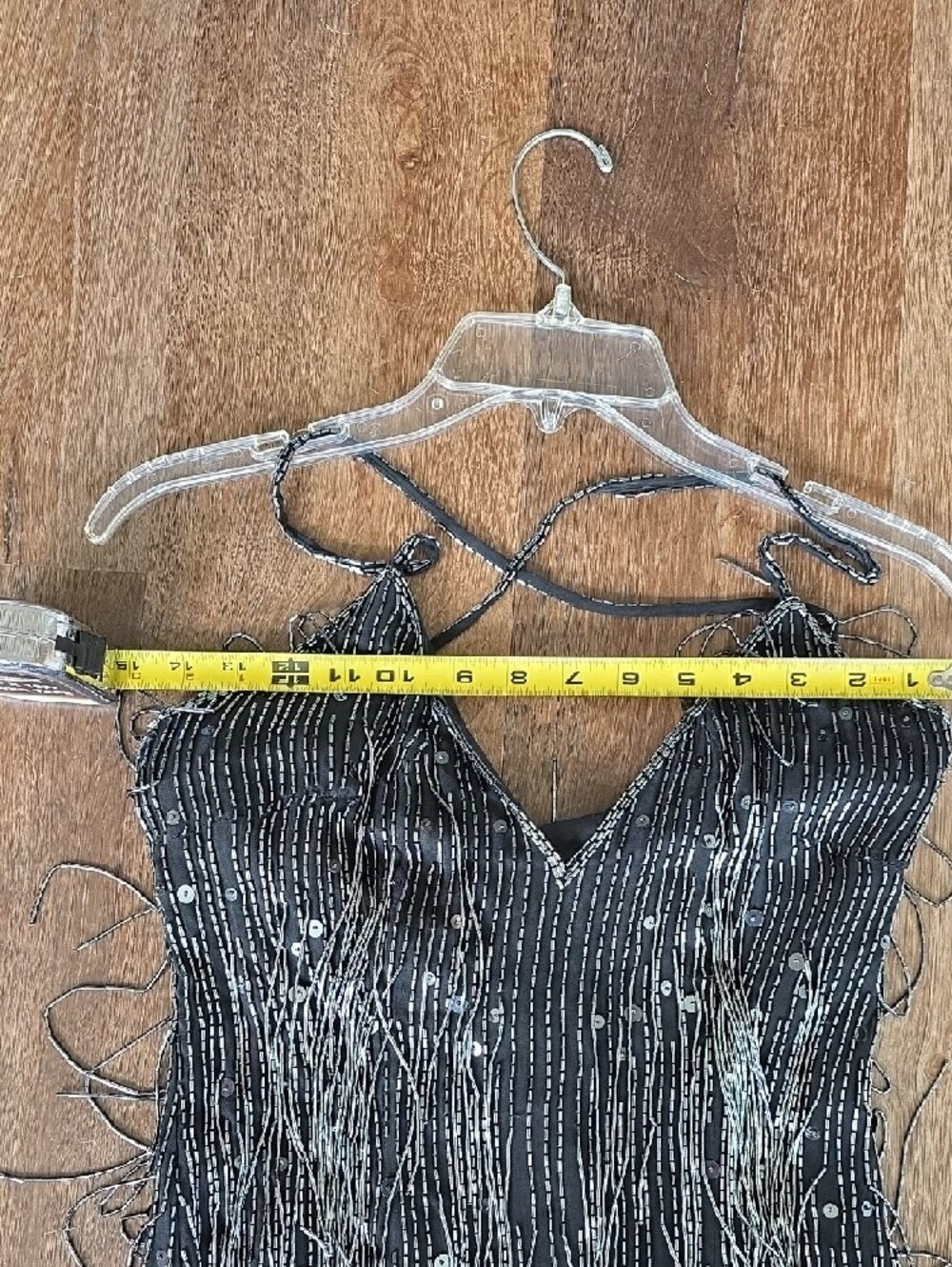 Black Beaded And Sequined Fringe Evening Dress with Crisscross Straps - Picture 8 of 10